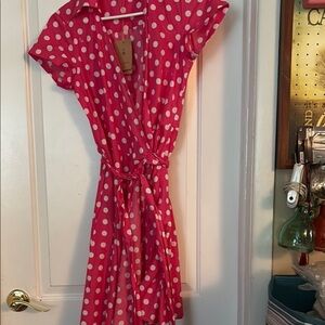 Red and White Flutter Sleeve Wrap Midi Dress